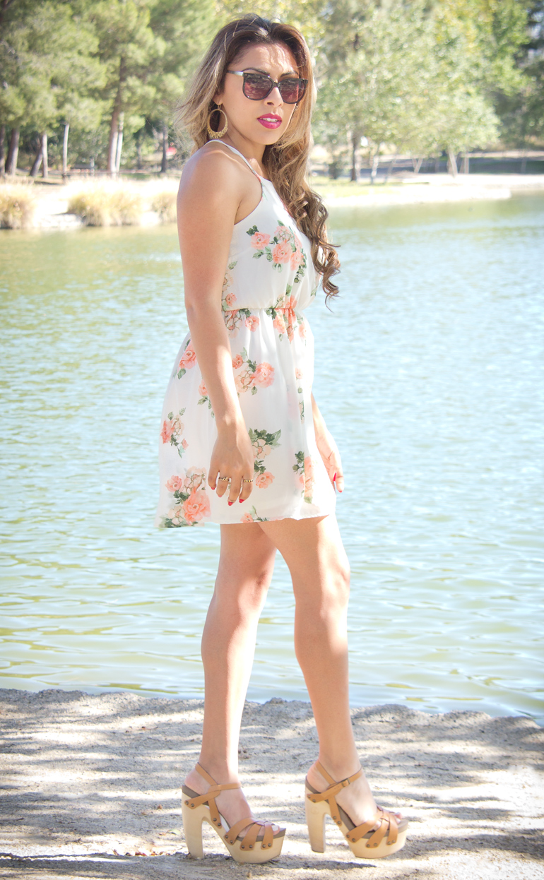 Alexis Alcala Modeling a Floral Summer Dress Near a Large Lake at Yorba Regional Park