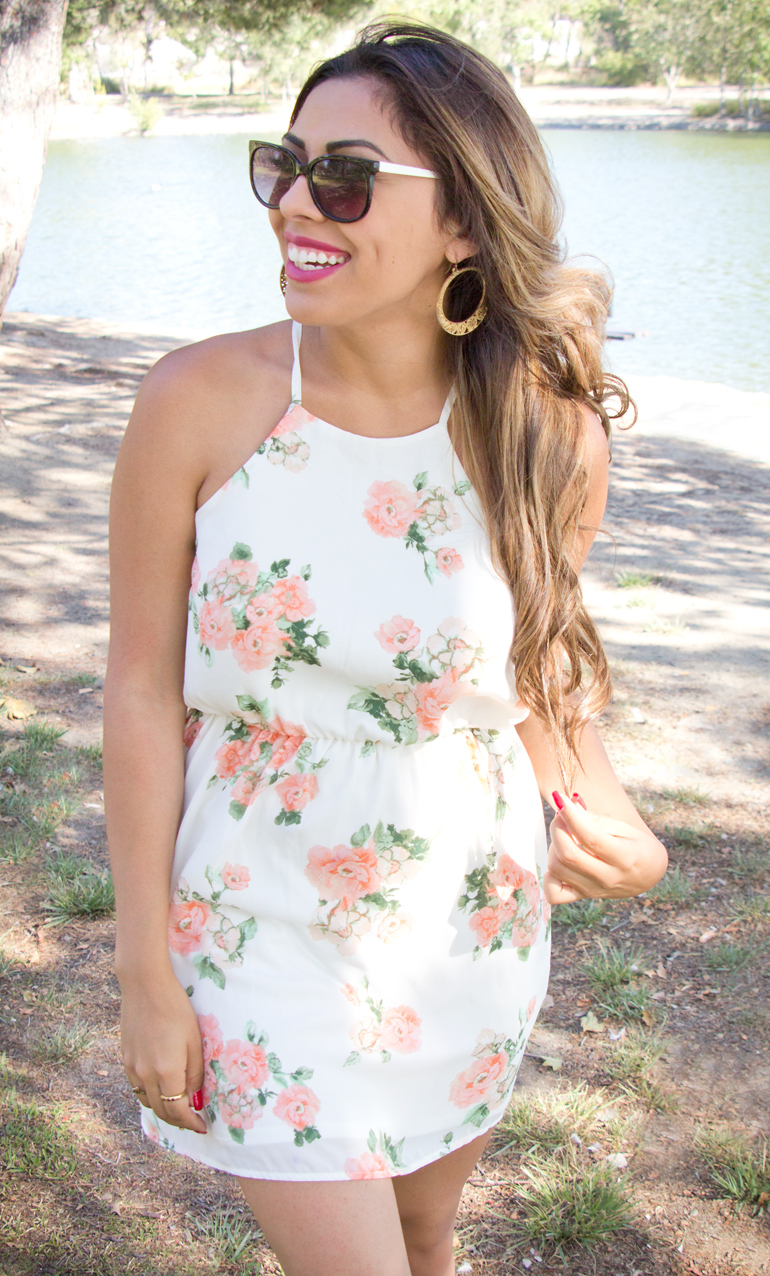 A Candid Photo of Alexis Alcala Modeling a Floral Summer Dress at Yorba Regional Park for Her Blog
