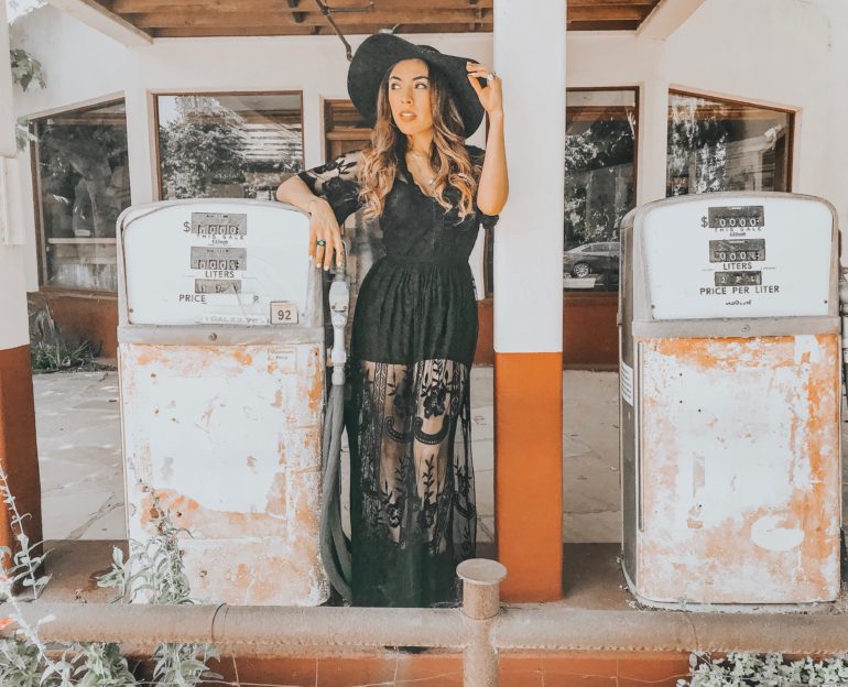 Alexis Alcala in a lace black dress in Los Alamos California